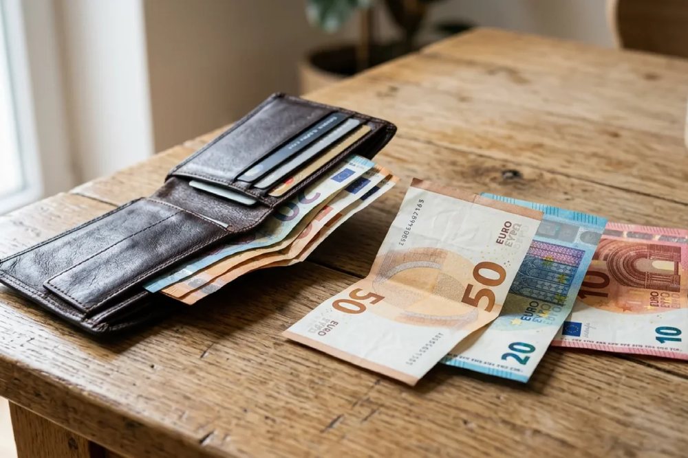 Eurobankovky a peňaženka na drevenom stole