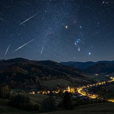 Meteory Orionid na nočnej oblohe nad slovenskou krajinou s kopcami