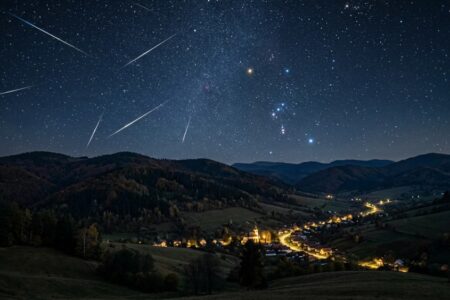Meteory Orionid na nočnej oblohe nad slovenskou krajinou s kopcami