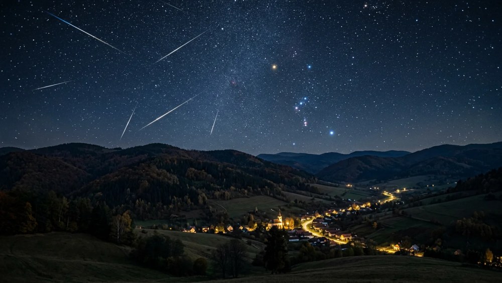 Meteory Orionid na nočnej oblohe nad slovenskou krajinou s kopcami