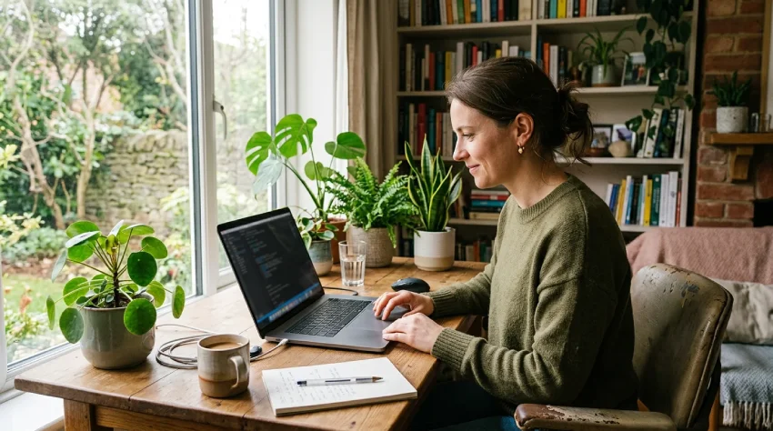 IT freelancer pracuje na notebooku v domácej kancelárii
