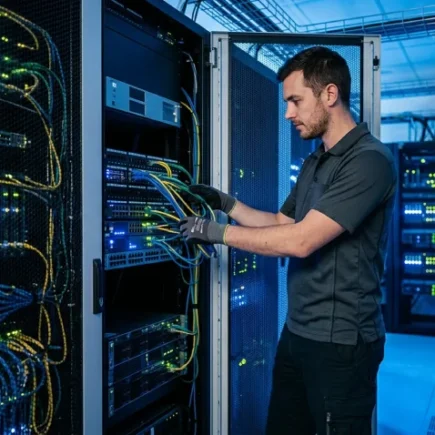IT technik kontroluje sieťové káble v serverovni