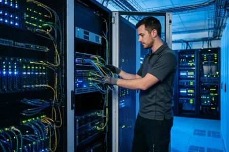 IT technik kontroluje sieťové káble v serverovni