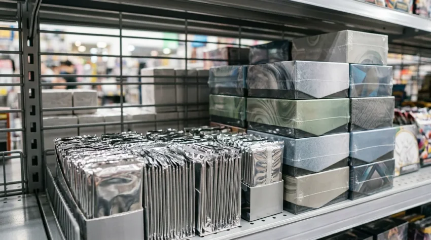 Fóliové balíčky a zapečatené boxy na predajnom regáli