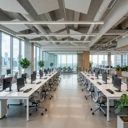 Prázdna moderná kancelária typu open space s pracovnými stolmi a veľkými oknami