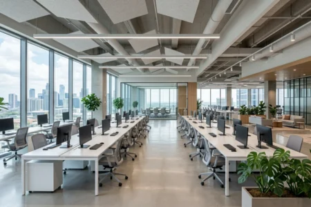 Prázdna moderná kancelária typu open space s pracovnými stolmi a veľkými oknami