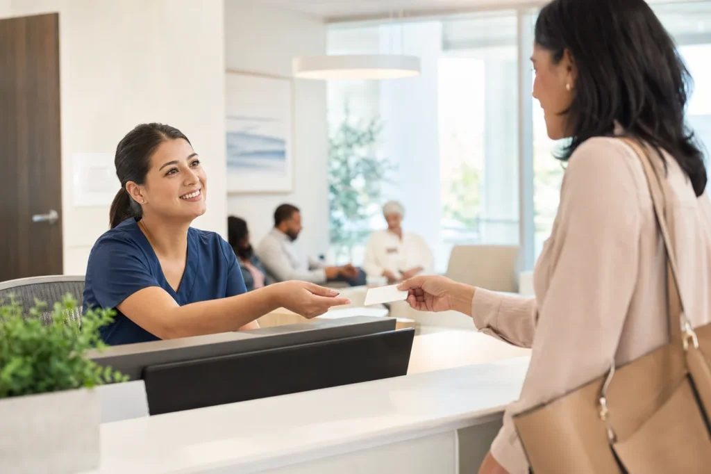 Pacientka odovzdáva preukaz poistenca na recepcii kliniky