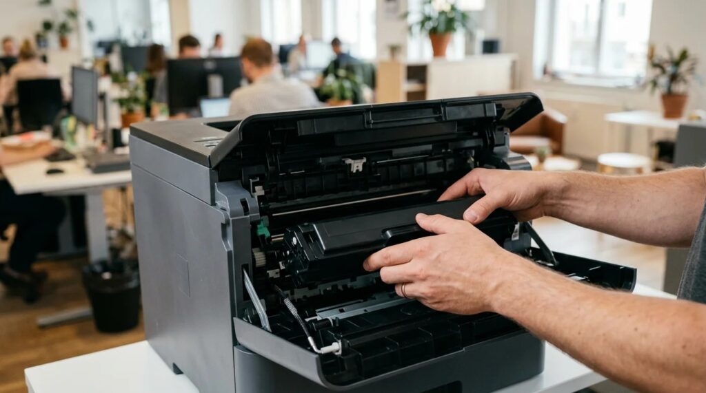 Výmena tonerovej kazety v laserovej tlačiarni v kancelárii