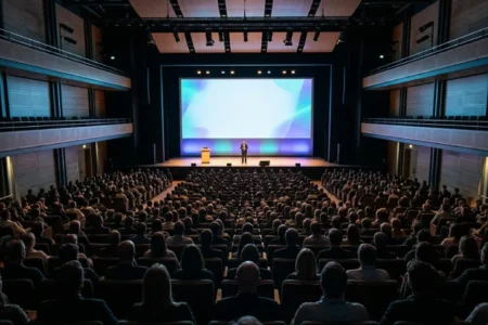 Plná konferenčná sála s osvetleným pódiom a rečníkom, publikum sedí v radoch divadelným usporiadaním