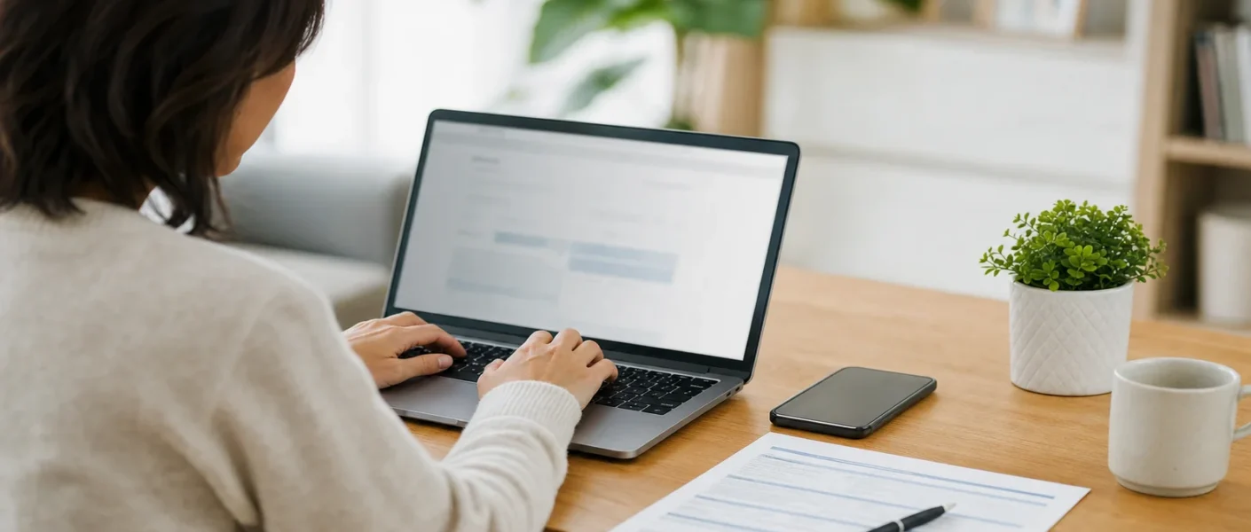 Osoba podáva online prihlášku na zmenu zdravotnej poisťovne cez notebook