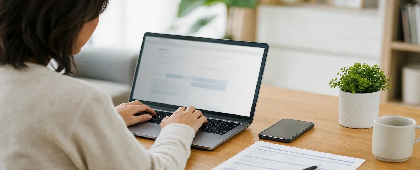 Osoba podáva online prihlášku na zmenu zdravotnej poisťovne cez notebook