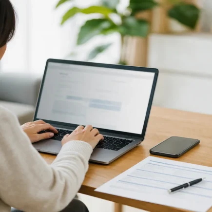 Osoba podáva online prihlášku na zmenu zdravotnej poisťovne cez notebook