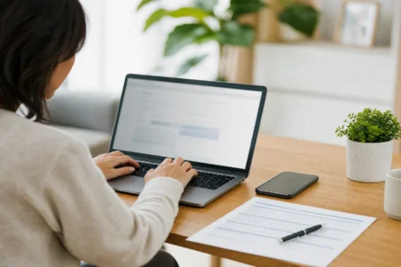Osoba podáva online prihlášku na zmenu zdravotnej poisťovne cez notebook