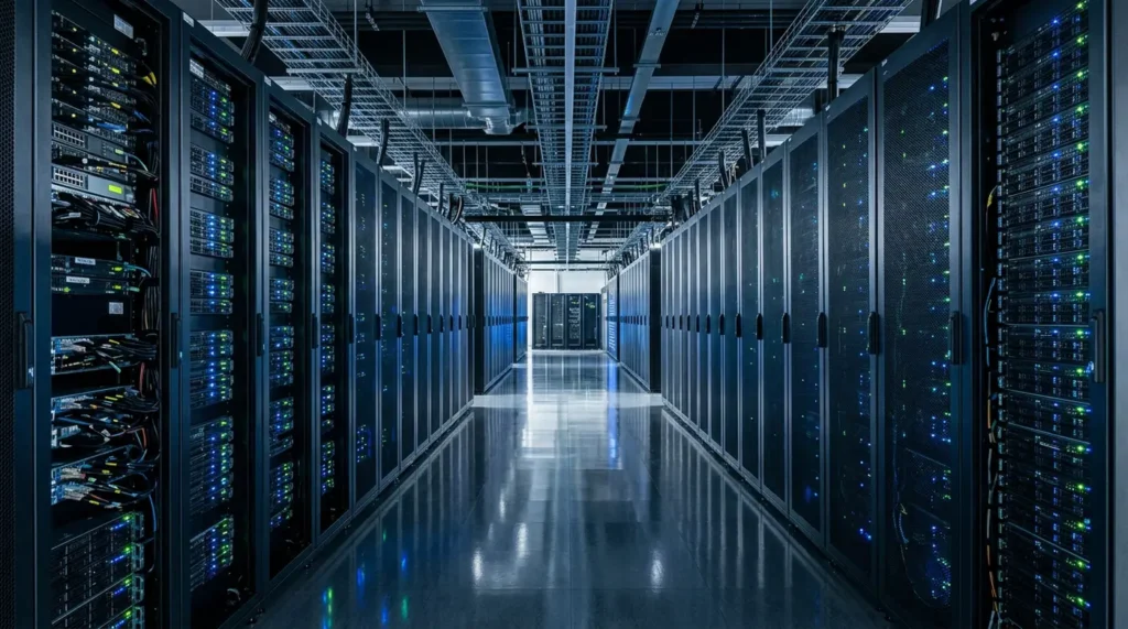 Moderná serverovňa s radmi serverov a modrými svetielkami